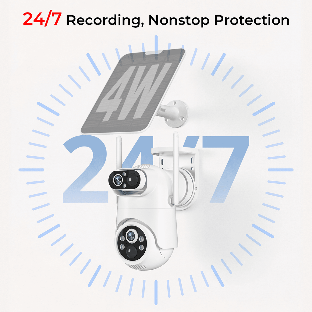 VividEye 4K Dual-Lens Solar Security Camera, 360° PTZ Surveillance security Cameras Wireless Wifi Outdoor, IP65 Waterproof PIR Detection, Full Color Night Vision, 2-Way Audio, Rechargeable Batter
