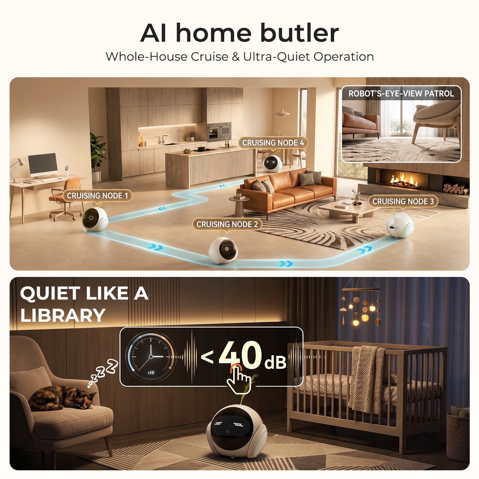 VividEye 2K Pet Camera Robot with AI, Movable Indoor WiFi Cam, Whole-Home Auto Patrol, Auto-Recharge, 360° Pet Finder, 2-Way Audio, Bark & Sound Alerts for Dogs and Cats