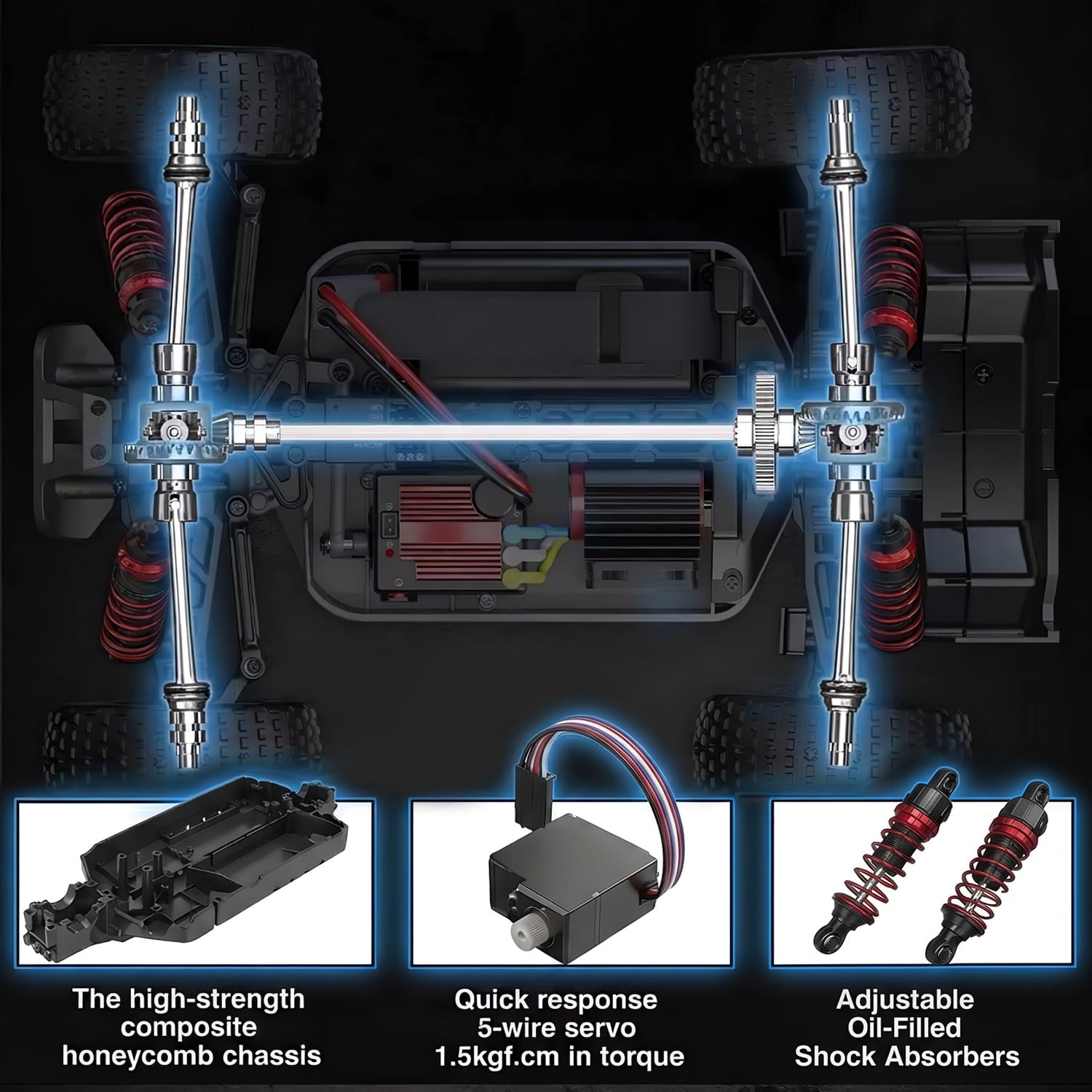 AUOSHI RC Cars 1:16 High Speed Remote Control Truck, 4WD All Terrain Off Road RC Truck 35+MPH with LED Lights, 2 Batteries for Kids and Adults Toy Gifts