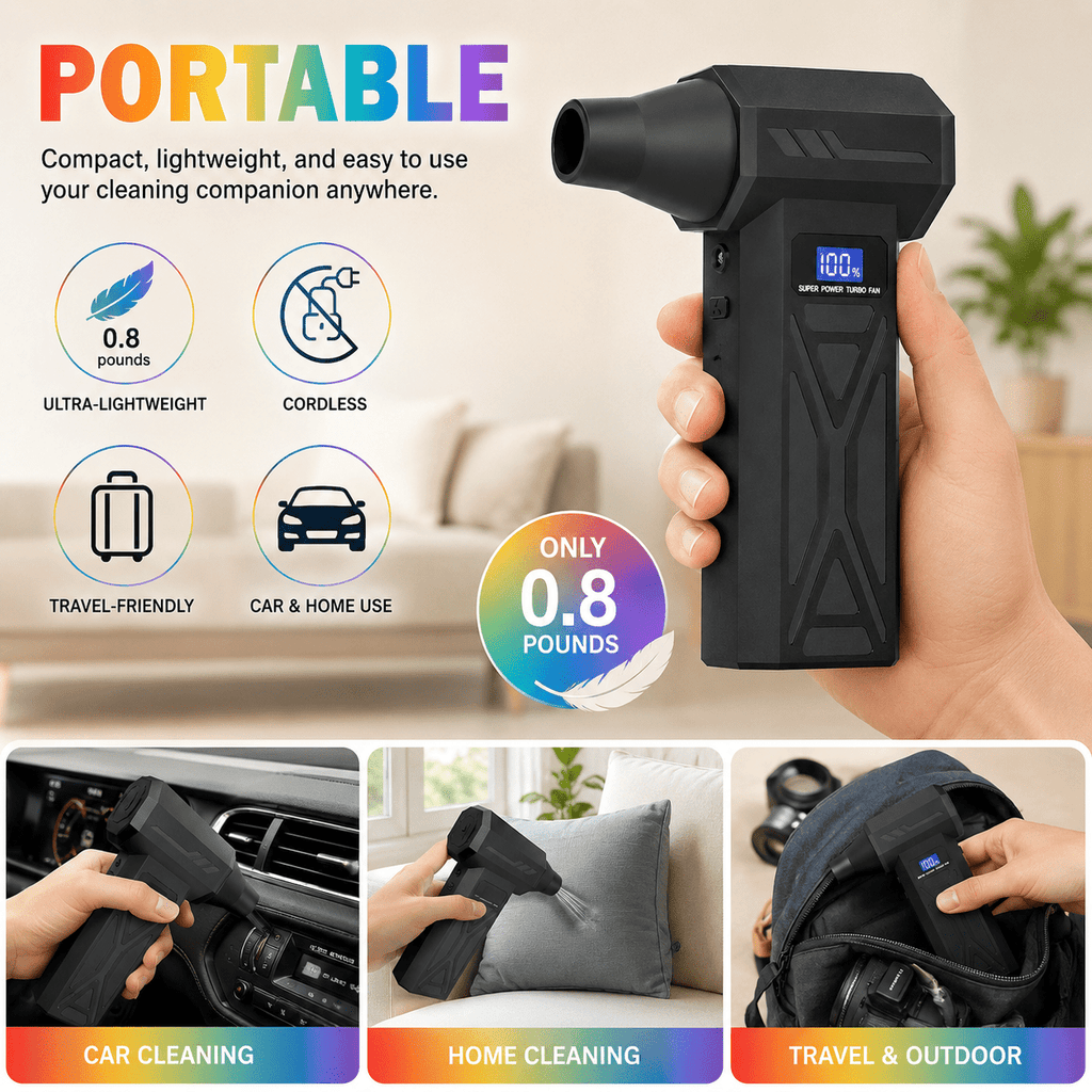 3-in-1 Air Duster and Vacuum Cleaner, 150000RPM High-Speed 4-Speed Adjustable Blower with Screen Display and LED Lights,Dust Remover for Computer/House/Outdoor/Car, Black