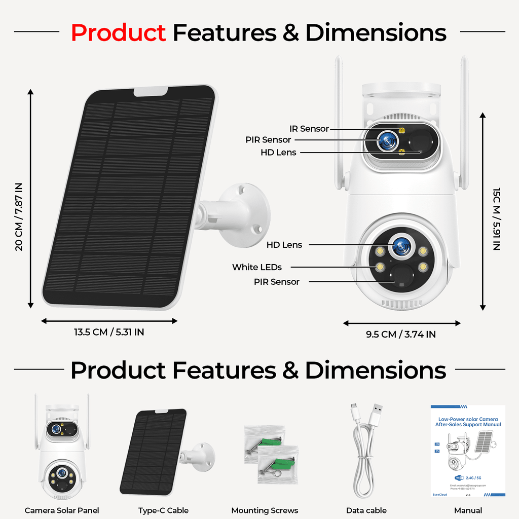 VividEye 4K Dual-Lens Solar Security Camera, 360° PTZ Surveillance security Cameras Wireless Wifi Outdoor, IP65 Waterproof PIR Detection, Full Color Night Vision, 2-Way Audio, Rechargeable Batter