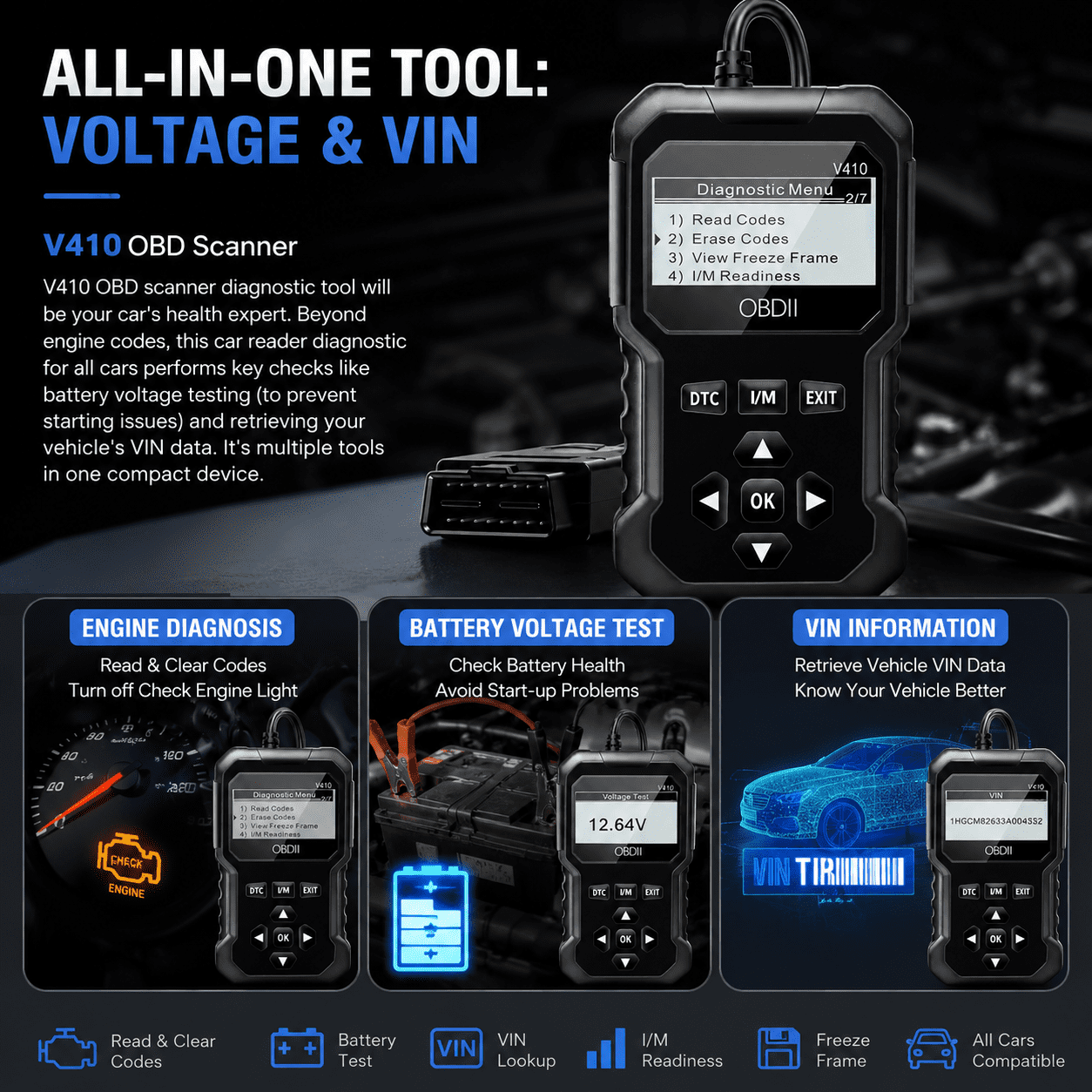 Professional OBD2 Scanner, Car Scanner Diagnostic Tool: Engine Fault Code Reader Scan Tool with Live Data/Freeze Frame for All OBDII Cars After 1996,Black