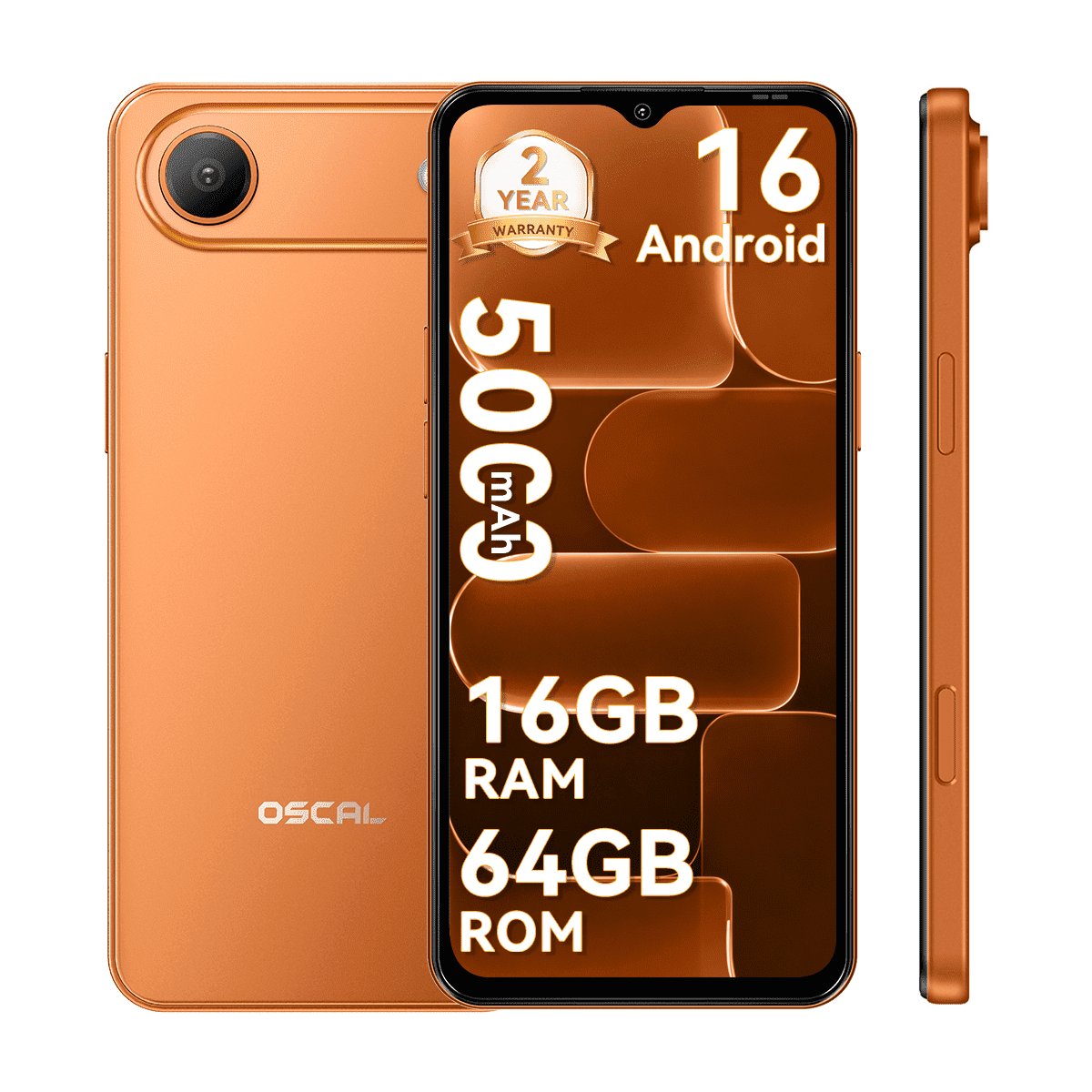 OSCAL FLAT 3C Unlocked Cell Phone,Android 16 Phone with 6.56" HD+ Display,5000mAh Battery,16(4+12)+64GB/1TB Expandable,32MP Rear Camera,IP54,DokeOS 5.0,Orange