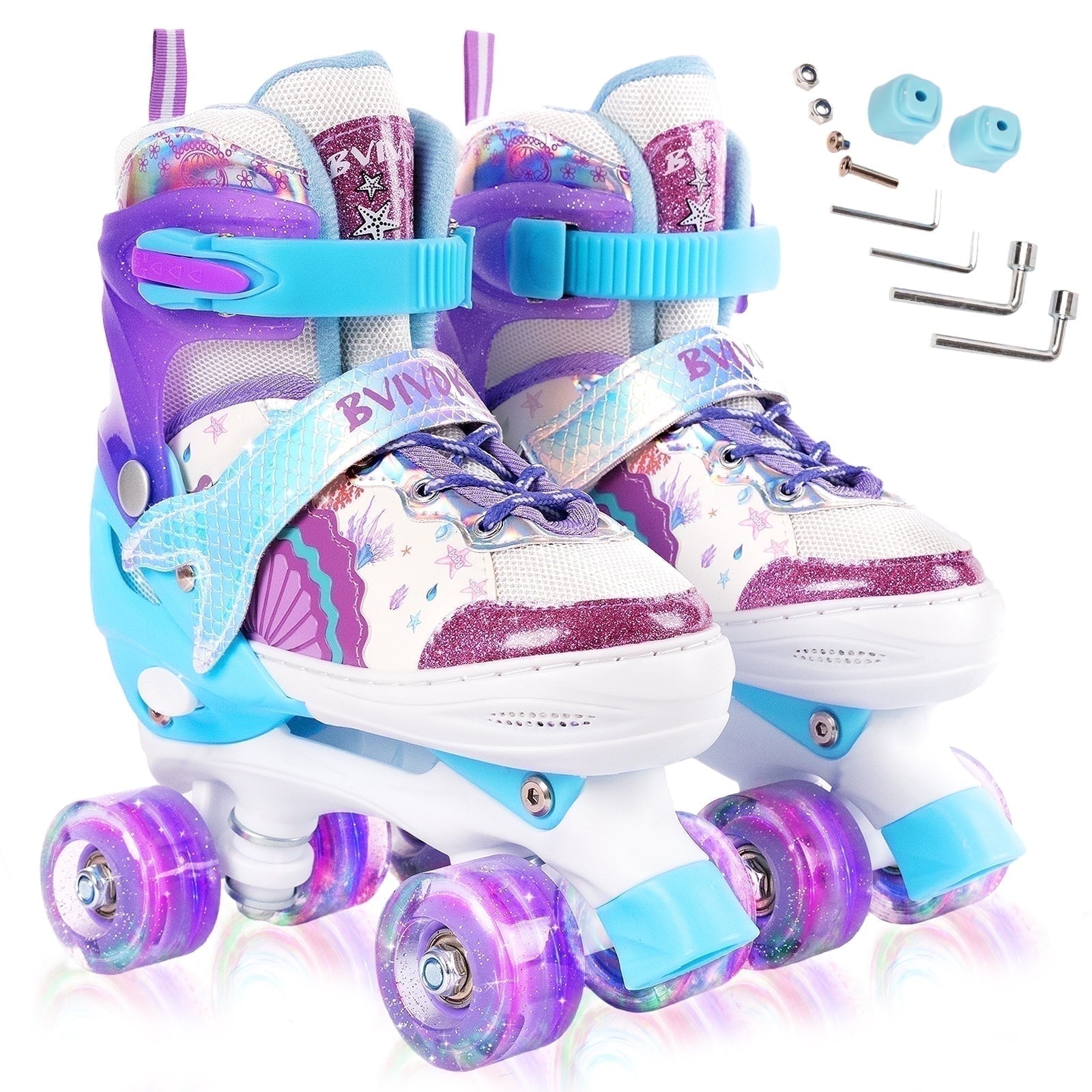 BVIVOK Adjustable Kids Roller Skates for Girls with Light up Wheels, Purple, Size 1-4
