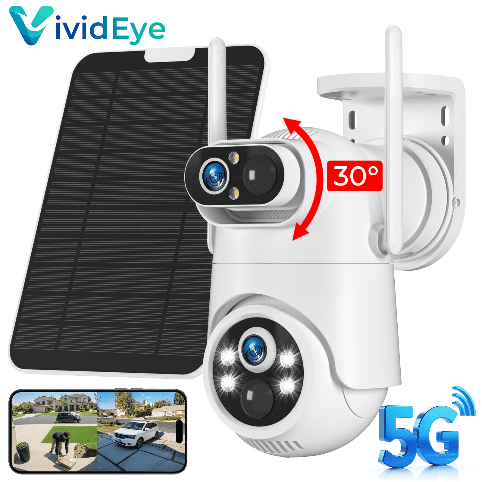 VividEye 4K Dual-Lens Solar Security Camera, 360° PTZ Surveillance security Cameras Wireless Wifi Outdoor, IP65 Waterproof PIR Detection, Full Color Night Vision, 2-Way Audio, Rechargeable Batter